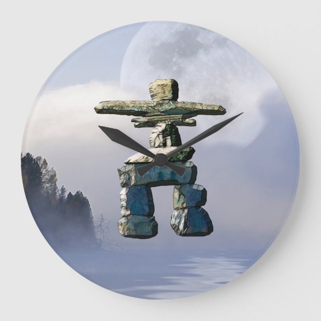 Relógio Grande Inuit Inukshuk & Wilderness Moon Art Clock (Frente)