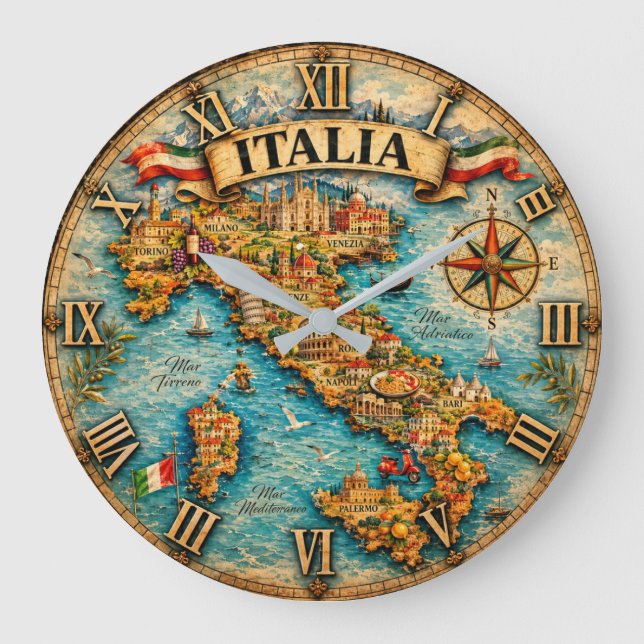 Relógio Grande Italy Map Wall Vintage (Frente)