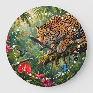 Relógio Grande Jaguar Floresta Tropical Beija-flores Borboletas F