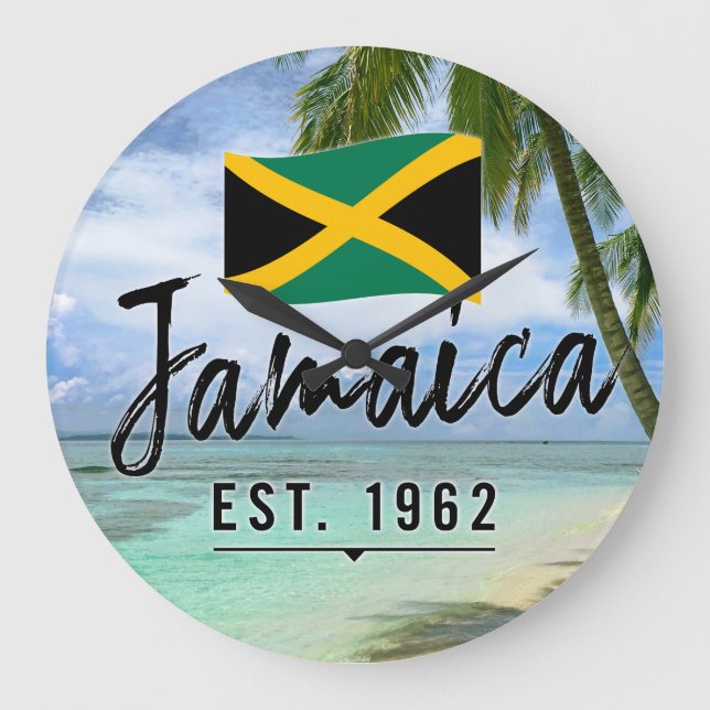 Relógio Grande "Jamaica Est. 1962" Beach With Jamaica Flag Art (Frente)
