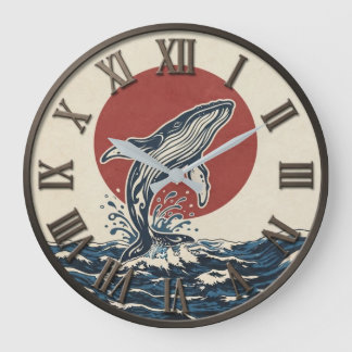 Relógio Grande Japanese Humpback Whale Vintage Ocean Wave Red Sun