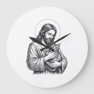 Relógio Grande Jesus Antigo Segurando Gato Gravura Gráfico_1