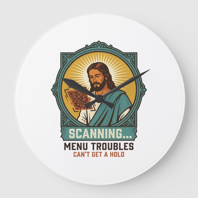 Relógio Grande Jesus Código QR Borroso Não Funciona Menu Humor Té (Frente)