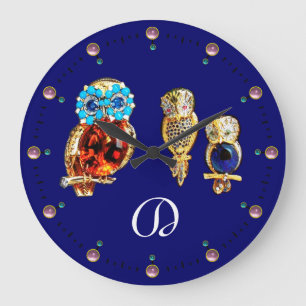 Relógio Grande JEWEL OWLS Monograma Dourado, TurquasePpaz Azul