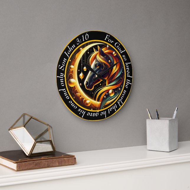 Relógio Grande John 3:16 Cabeça Cristã de Preto e Cavalo Branco (Escritório)