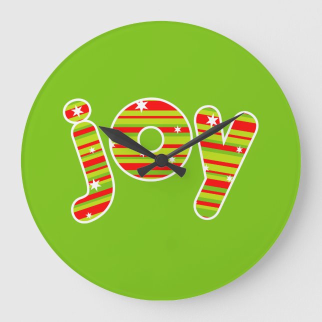 Relógio Grande JOY at Christmas, Red & Green Stripes (Frente)