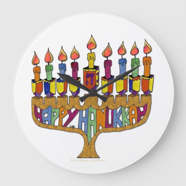 Relógio Grande Judaica Happy Hanukkah Dreidel Menorah (Frente)