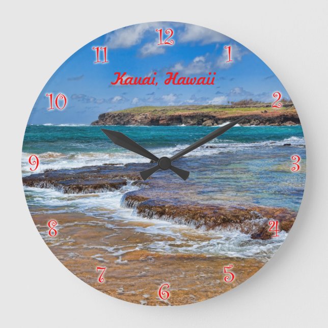 Relógio Grande Kauai Beach Round Clock com números vermelhos (Frente)