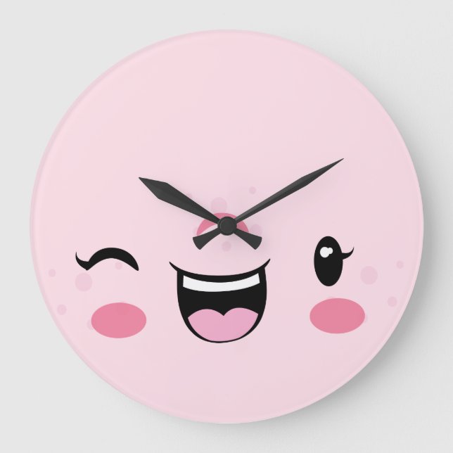 Relógio Grande Kawaii Face Wall Clock Rosa Winking (Frente)