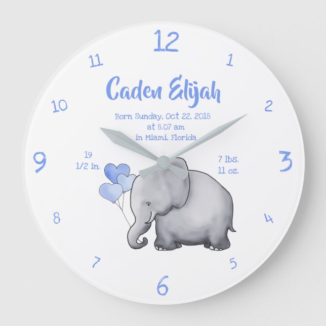Relógio Grande Keepsake Baby Boy Birth Stat Elephant Nursery (Frente)