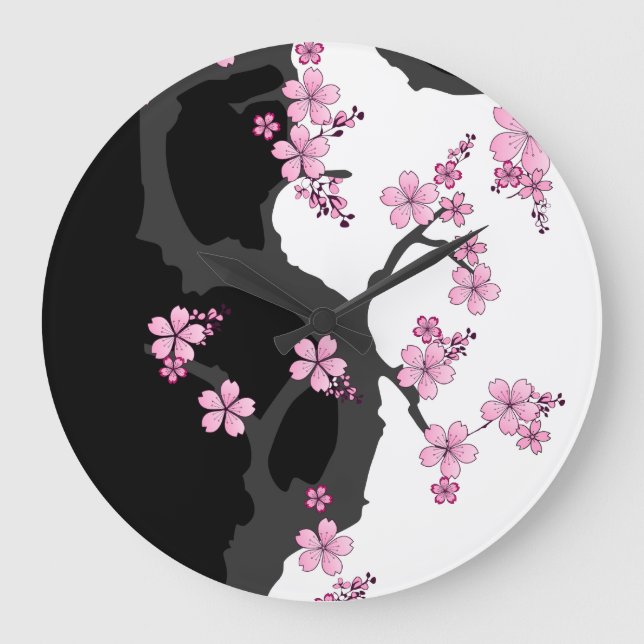 Relógio Grande Kimono Black e White Pink Sakura (Frente)