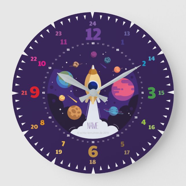 Relógio Grande Kinderuhr Lernuhr Wanduhr Kinderzimmer Rakete (Frente)