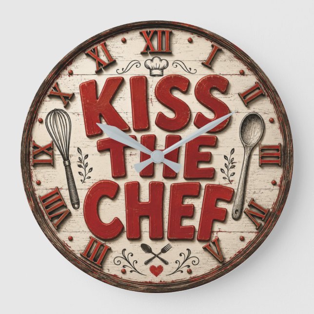 Relógio Grande Kiss the Chef Rustic Farmhouse Kitchen (Frente)