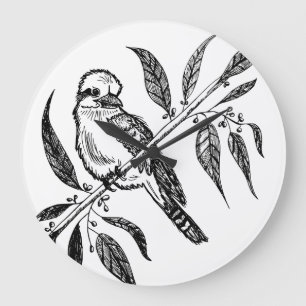 Relógio Grande Kookaburra Preto e Branco no Desenho de Ramificaçã