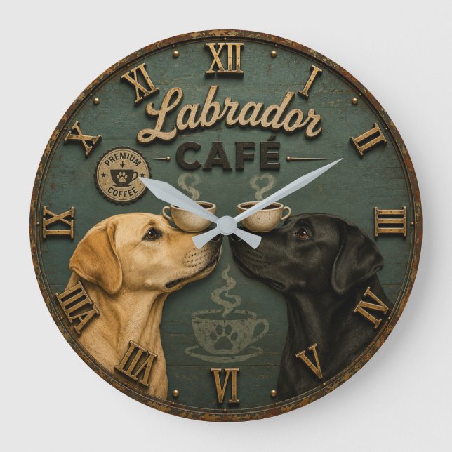 Relógio Grande  Labrador Café Coffee Lovers Vintage (Frente)