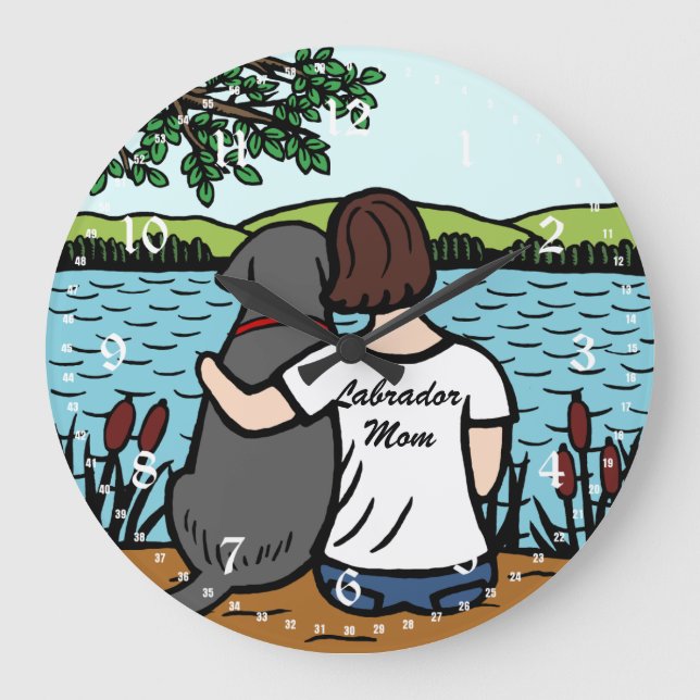 Relógio Grande Labrador e mamã pretos 2 (Frente)