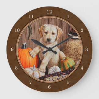 Relógio Grande Labrador Retriever Dog & Pumpkins Brown