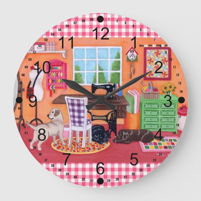 Relógio Grande Labradors na pintura da sala Sewing da mãe (Frente)