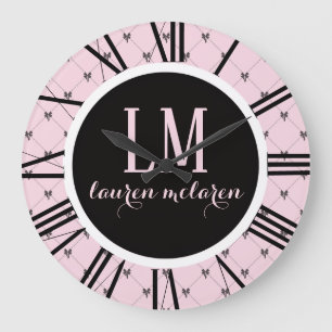 Relógio Grande Laço Monograma Rosa e Preto
