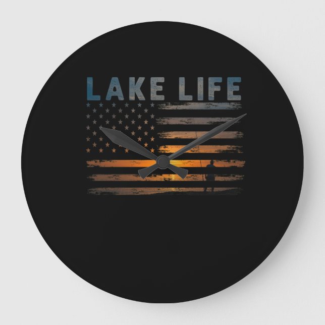 Relógio Grande Lago Life Pescador Sunset American Flag Bass Fish (Frente)