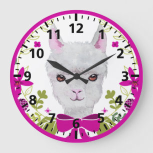 Relógio Grande Lama Branco Adorável Face Fuchsia Rosa Verde