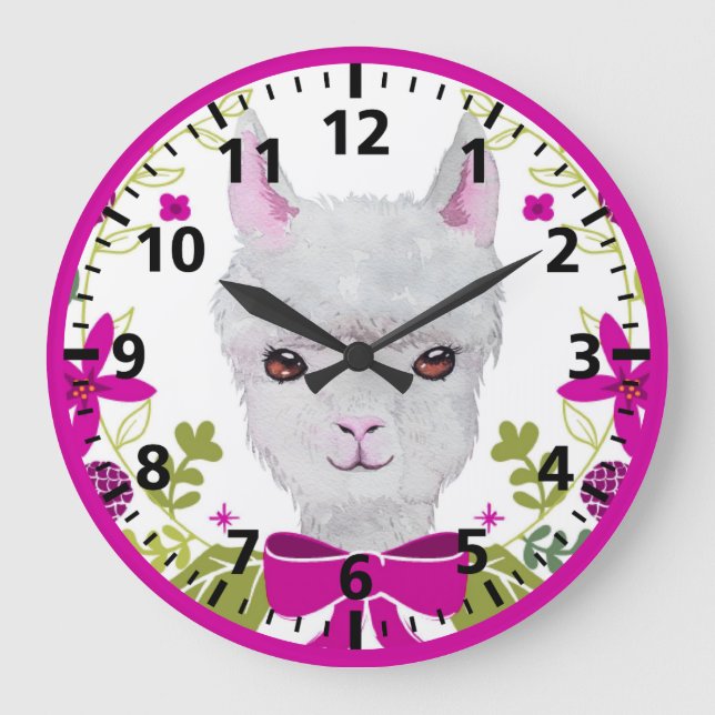 Relógio Grande Lama Branco Adorável Face Fuchsia Rosa Verde (Frente)