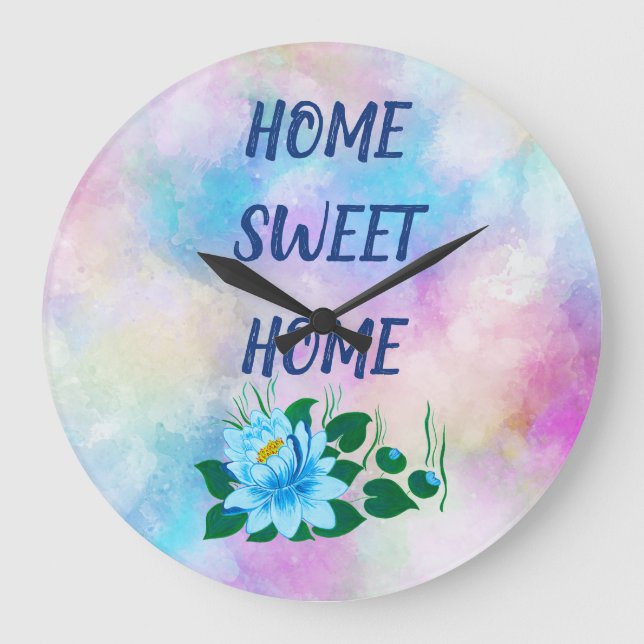 Relógio Grande Lar doce lar bela flor azul aquarela (Frente)