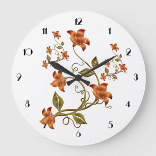 Relógio Grande Laranja Lillies Floral Patterno Wall Clock