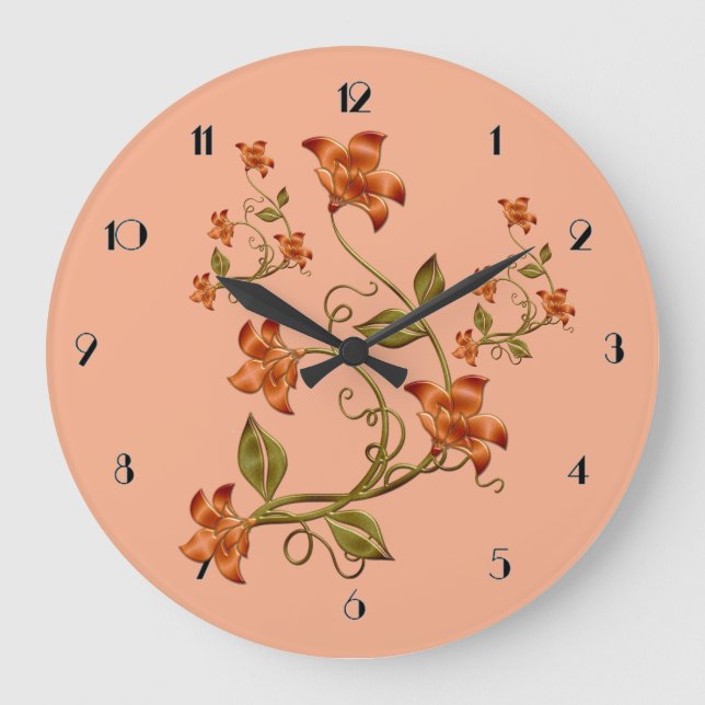 Relógio Grande Laranja Lillies Floral Peach Wall Clock (Frente)