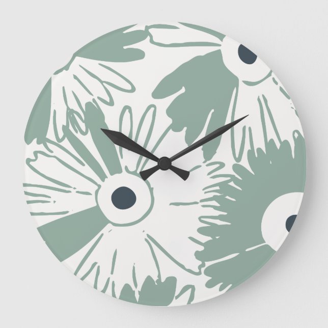 Relógio Grande Large Retro Daisy Flower Power Muted Sage Green (Frente)