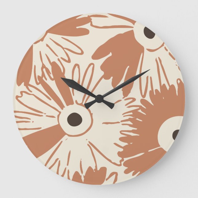 Relógio Grande Large Retro Daisy Flower Power Spiced Terracotta (Frente)