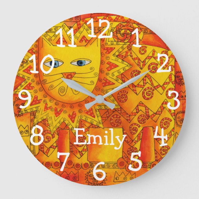 Relógio Grande Leão de Aquarela Padronizada Nome Personalizado (Frente)