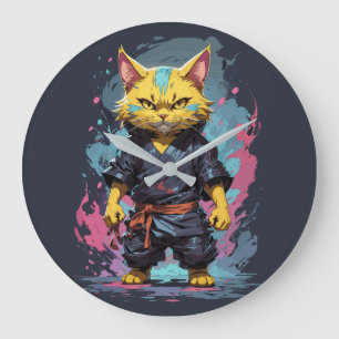 Relógio Grande Legal Watercolor Yellow Ninja Cat Warrior