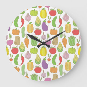 Relógio Grande Legumes desenhados à mão, fundo de rabisco vintage