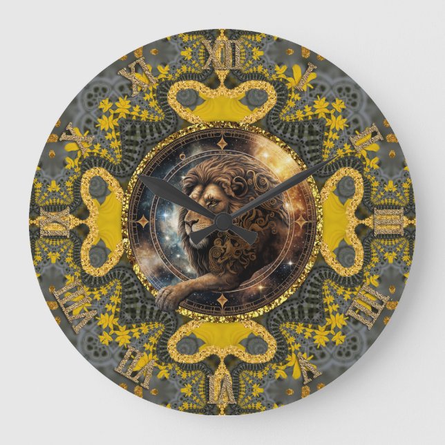 Relógio Grande Leo Zodiac Dourado Yellow Fractal Mandala Artístic (Frente)