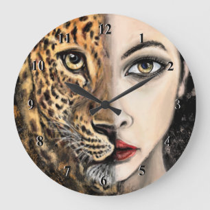 Relógio Grande Leopard Girl Face Fantasy Pintando Animal Selvagem