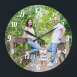 Relógio Grande Letras brancas personalizadas de nome de foto pers<br><div class="desc">Nome personalizado de foto personalizado letras brancas e números retro font wall clock. Um presente personalizado adorável para qualquer um.</div>
