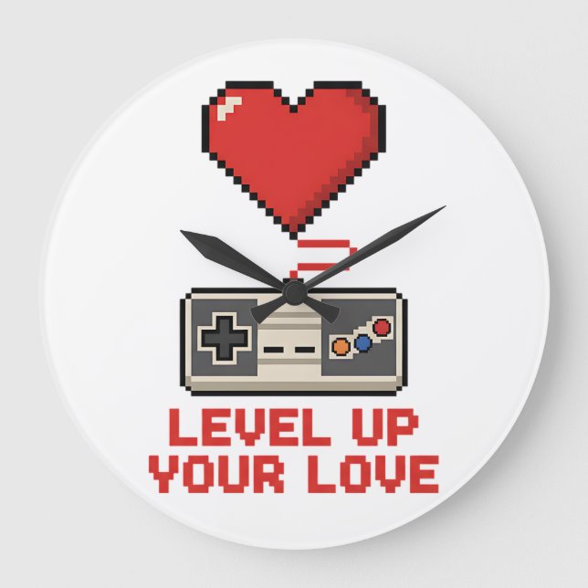 Relógio Grande Level Up Your Love, Retro Pixel Gaming Design (Frente)