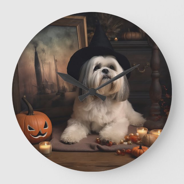 Relógio Grande Lhasa Apso Pumpkins Halloween Scary (Frente)