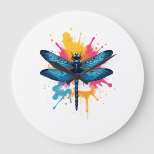 Relógio Grande Libélula pintada em Arte Pop Colorida Artística