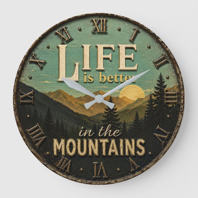 Relógio Grande Life Is Better in the Mountains Rustic (Frente)