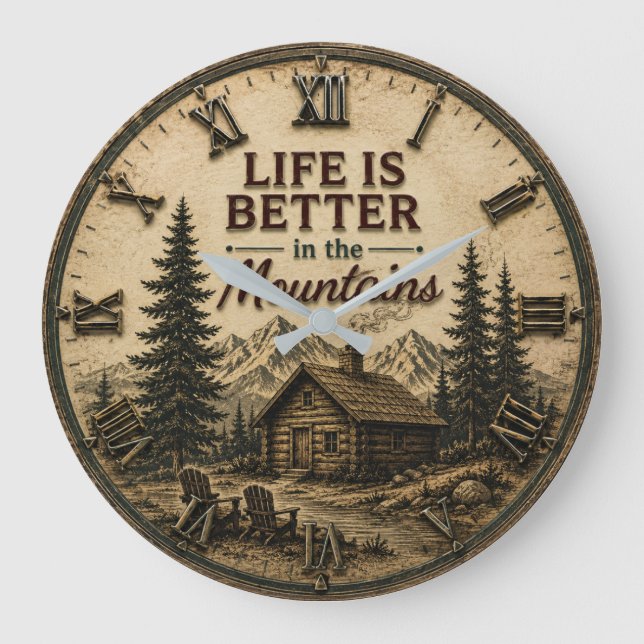 Relógio Grande Life Is Better in the Mountains Rustic Cabin (Frente)