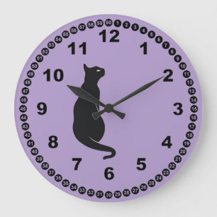 Relógio Grande Lilac com Gato Negro e Rosto Madern