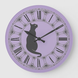 Relógio Grande Lilac com Gato Preto e Rosto Numérico Romano