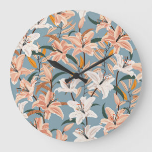 Relógio Grande Lily Floral Blue Vintage Impressão