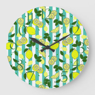Relógio Grande Limões amarelos da Fruta de Verão em faixas azuis