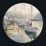 Relógio Grande Linda Aquarela Monograma de Navegação Náutica<br><div class="desc">Este relógio representa verdadeiramente a visão mágica que temos dos veleiros calmamente sentados num porto negro no início da manhã — a paz, a calma e a serenidade do momento. Adicione seu monograma. Aproveite a adorável poster para si mesmo ou como presente. Se você tiver alguma dúvida, basta enviar um...</div>