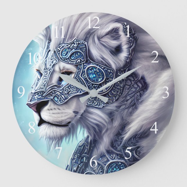 Relógio Grande Linda Leão do Guerreiro Armado Branco (Frente)