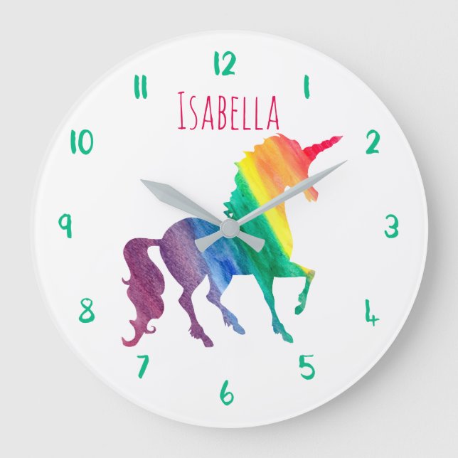 Relógio Grande Linda Rainbow Unicorn Personalizado Kids Girly (Frente)