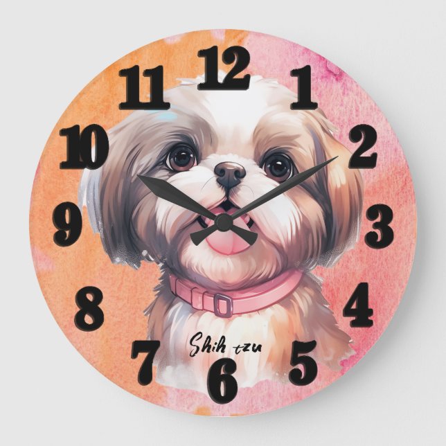 Relógio Grande Linda Watercolor Shitzu Dog (Frente)